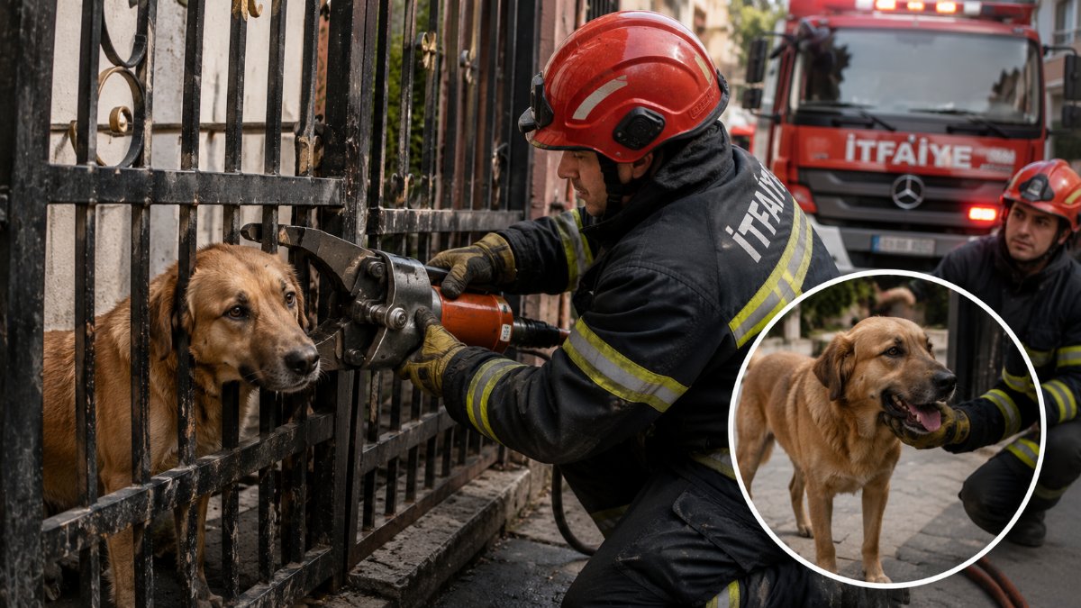 Demir kapıya sıkışan köpek itfaiye tarafından kurtarıldı