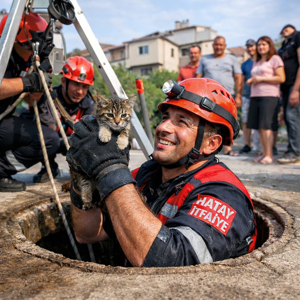 Hatay Antakya’da Atık Su Kuyusuna Düşen Bir Yavru Kedi İtfaiye Ekiplerince Kurtarıldı