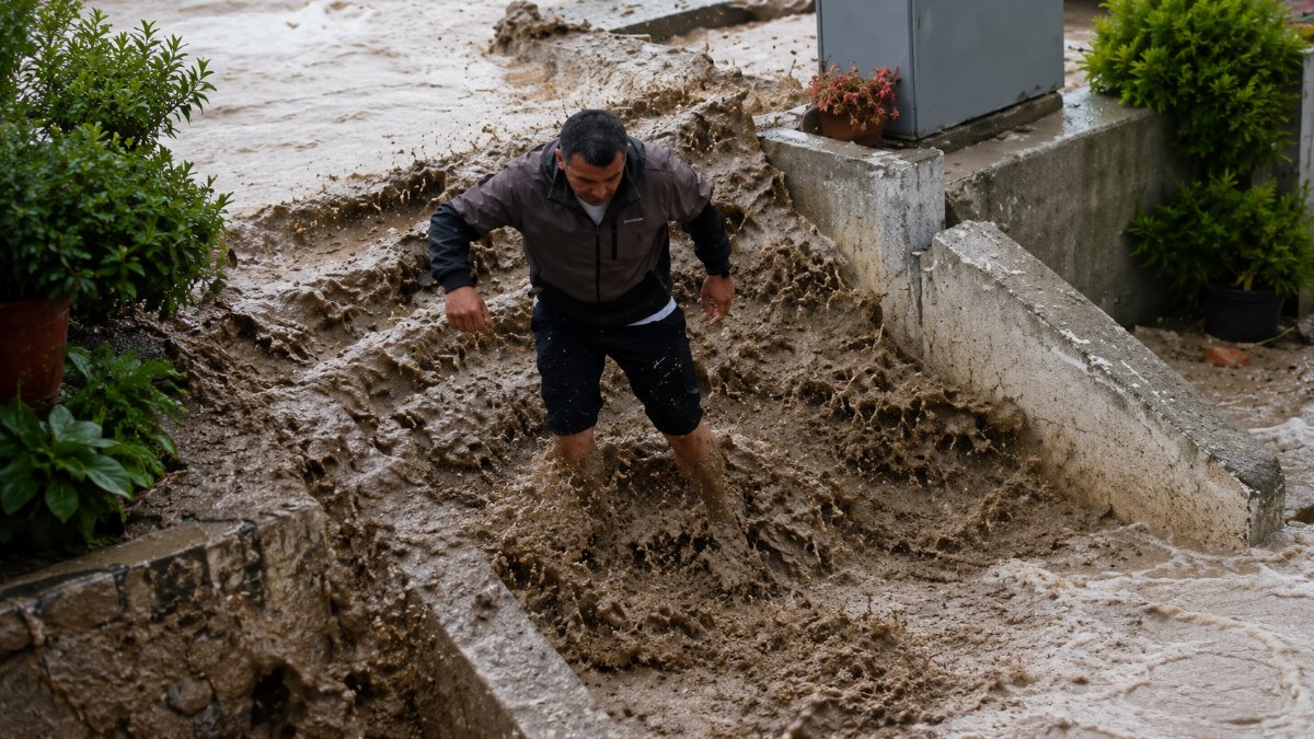 Sel sularına kapılan kediyi güvenlik görevlisi kurtardı